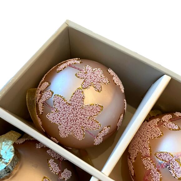 Laura Ashley Pink Beaded Glass Christmas Ornaments 3in Set of 4 Holiday Glam NEW - Picture 6 of 15